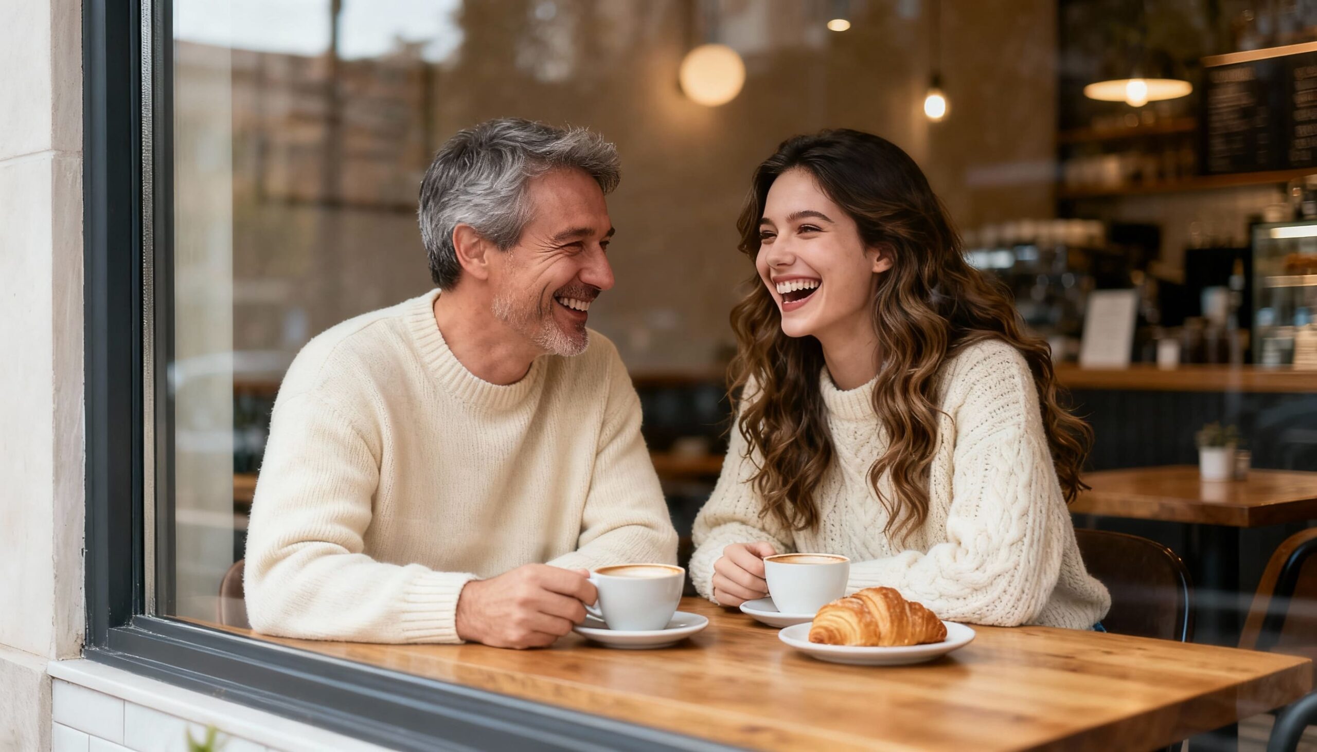 Paar mit Altersunterschied lachen zusammen in einem Café