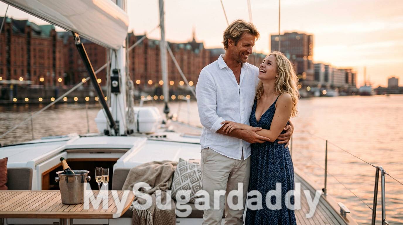 Sugar Paar auf einer Segelyacht vor der Hamburger Speicherstadt