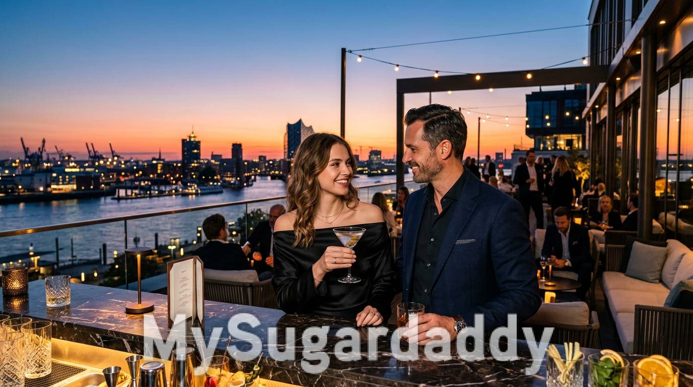 Sugarbaby und Sugardaddy mit Cocktails auf einer Rooftop Bar