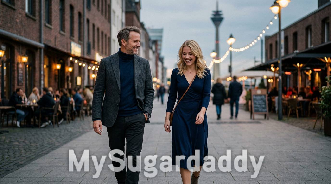 Sugarbaby Düsseldorf spaziert mit ihrem Sugardaddy im Medienhafen Düsseldorf 